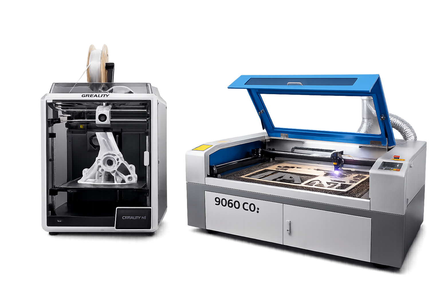 Creality K1 Max 3D printer and 9060 CO₂ laser cutting machine - TechVented fabrication infrastructure